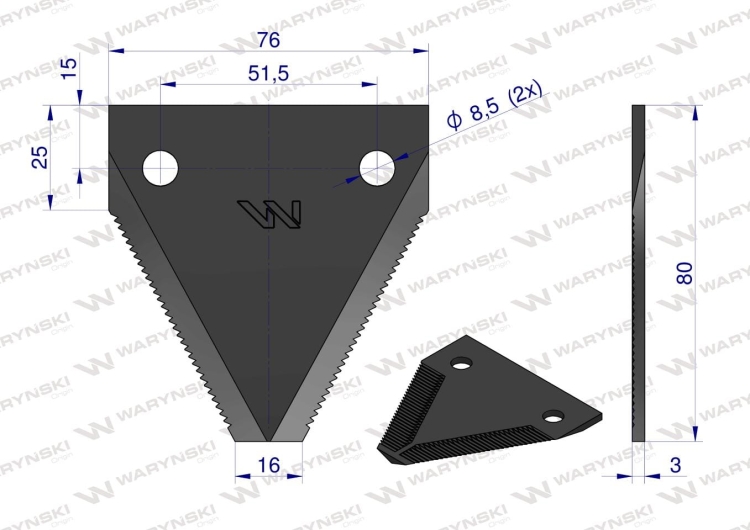 Nóż żniwny 80x76x3mm otwór 8.5 zastosowanie DIN11300. 316805 Schumacher WARYŃSKI  2