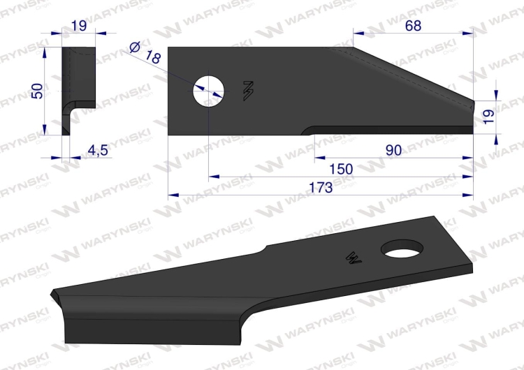 Nóż obrotowy rozdrabniacz słomy sieczkarnia podgięty 173x50x4.5mm otwór 18 zastosowanie 87031976 New Holland WARYŃSKI 2