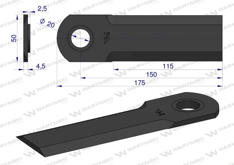 Nóż obrotowy sieczkarnia gładki 175x50x4.5mm otwór 20 z tuleją zastosowanie 1994760C4 Case WARYŃSKI 2