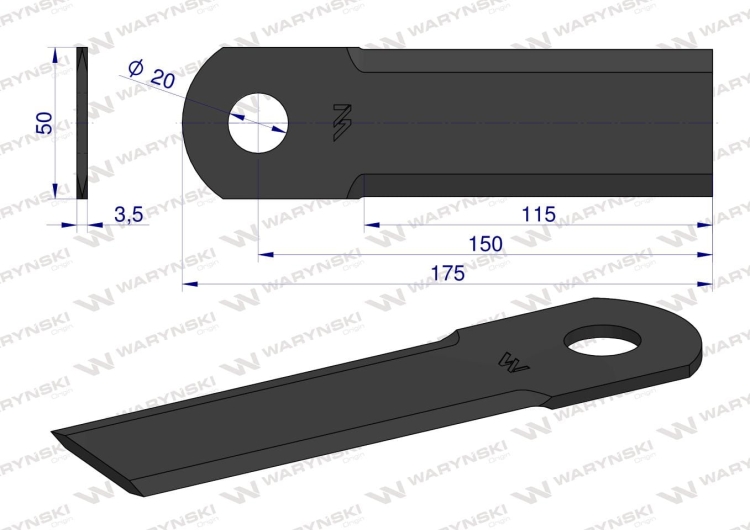 Nóż obrotowy rozdrabniacz słomy sieczkarnia gładki 175x50x3.5mm otwór 20 HF41348 WARYŃSKI 2