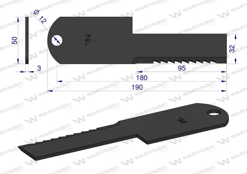 Nóż stały rozdrabniacz słomy sieczkarnia uzębiony 190x50x3mm otwór 12 zastosowanie Z55611 WARYŃSKI 2