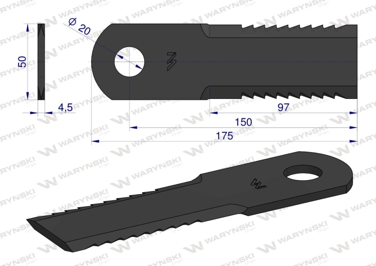Nóż obrotowy rozdrabniacz słomy sieczkarnia uzębiony 173x50x4.5mm otwór 20 zastosowanie 84068444 New Holland WARYŃSKI  2