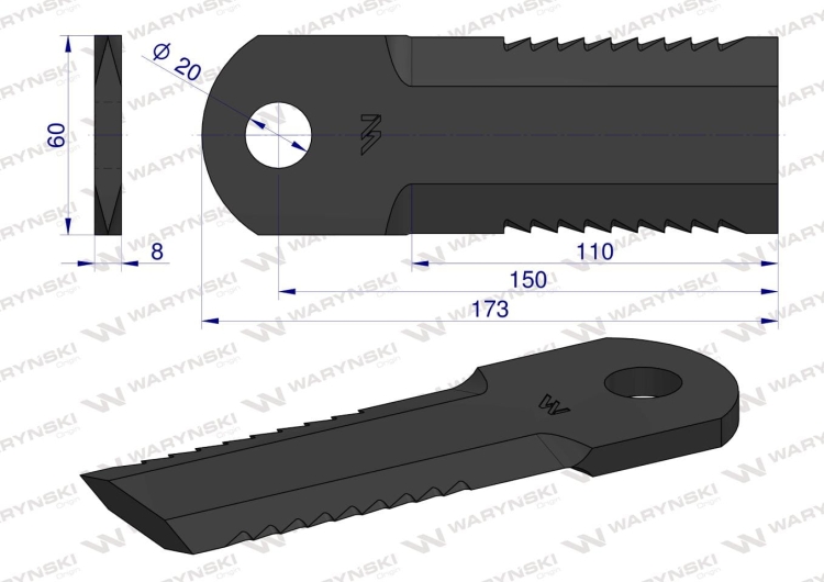 Nóż obrotowy rozdrabniacz słomy sieczkarnia uzębiony 173x60x8mm otwór 20 zastosowanie 270093250 Krone WARYŃSKI  2