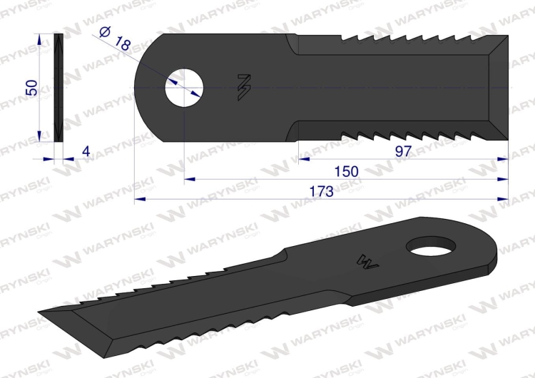 Nóż obrotowy rozdrabniacz słomy sieczkarnia uzębiony 173x50x4mm otwór 18 zastosowanie 322326450 Laverda Fendt MF WARYŃSKI  2