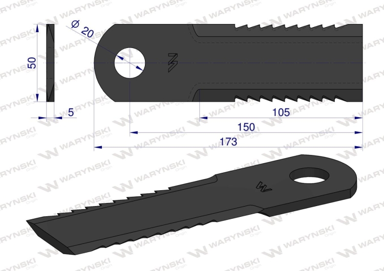 Nóż obrotowy rozdrabniacz słomy sieczkarnia uzębiony 175x50x5mm otwór 20 John Deere Z105500 WARYŃSKI 2