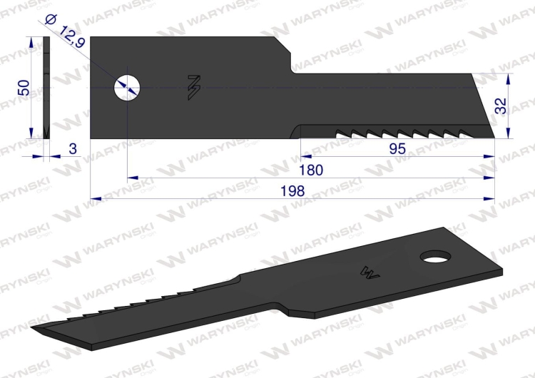 Nóż stały rozdrabniacz słomy sieczkarnia uzębiony 198x50x3mm otwór 13 New Holland 322291650 WARYŃSKI 2