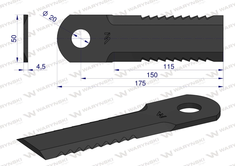 Nóż obrotowy rozdrabniacz słomy sieczkarnia uzębiony 175x50x4.5mm otwór 20 zastosowanie Z75875 John Deere WARYŃSKI 2