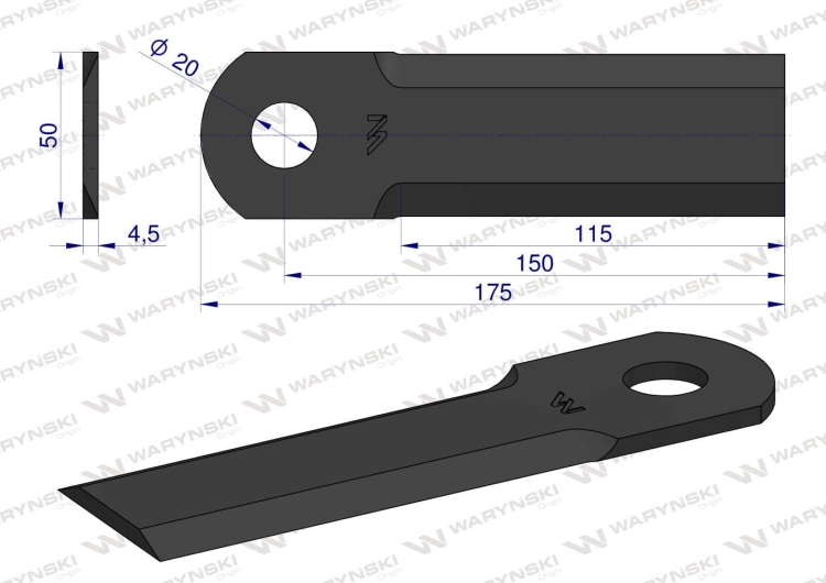 Nóż obrotowy rozdrabniacz słomy sieczkarnia gładki 175x50x4.5mm otwór 20 zastosowanie 320999350 New Holland WARYŃSKI 2