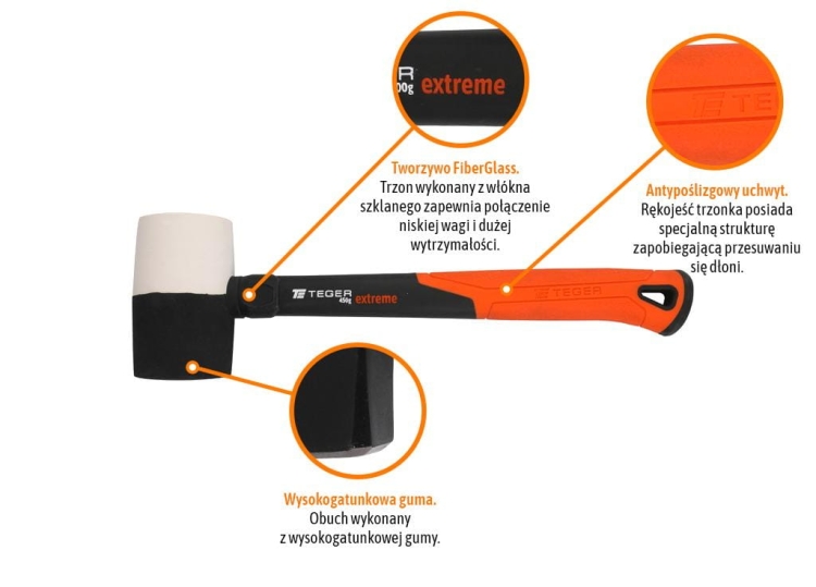 Młotek gumowy z trzonkiem fiberglass 450 g Extreme TEGER 2