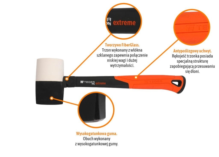 Młotek gumowy z trzonkiem fiberglass 680 g Extreme TEGER 2