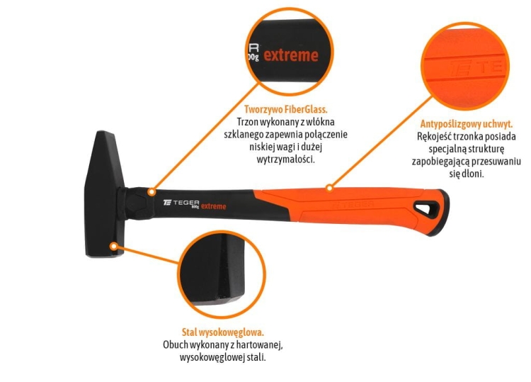Młotek ślusarski z trzonkiem fiberglass 800 g Extreme TEGER 2
