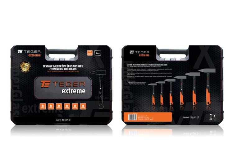 Zestaw młotków ślusarskich z trzonkiem fiberglass (6 el.) 300 500 800 1000 1500 2000 g Extreme TEGER 2