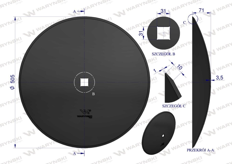 Talerz gładki fi 510 otwór 30x30 stal borowa WARYŃSKI R 1279621010 1240040020 RYSUNEK TECHNICZNY
