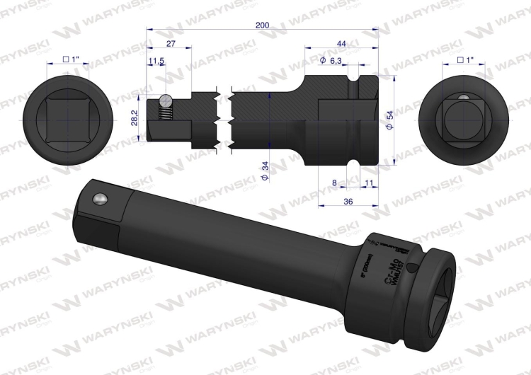 Przedłużka do nasadek udarowych 1" 200mm CrMo Waryński 3
