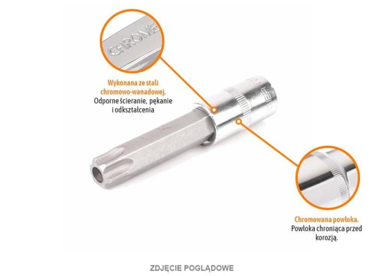 Klucz nasadowy 1/2" z bitem TORX 100 mm/T20 / (z otworem) / TEGER