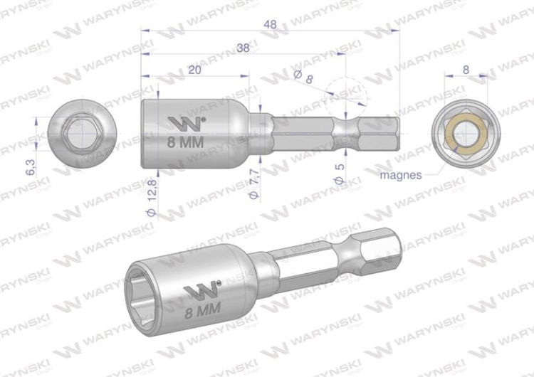 Nasadka 8mm z uchwytem narzędziowym do wkretarki długość 48 mm Waryński 2