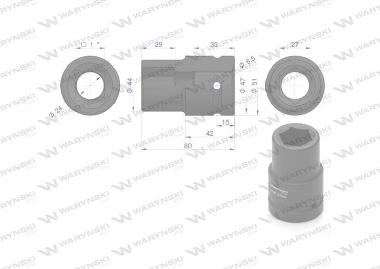 Nasadka udarowa sześciokątna 1" długa 27 mm CrMo DIN 3129 Waryński 2