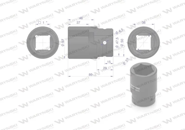 Nasadka udarowa sześciokątna 1"długa 38 mm CrMo DIN 3129 Waryński 2