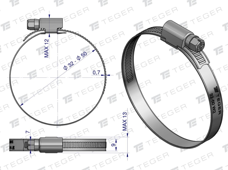 Opaska zaciskowa 32-50 ślimakowa (obejma W2 - stal nierdzewna) szerokość 9mm TEGER 2