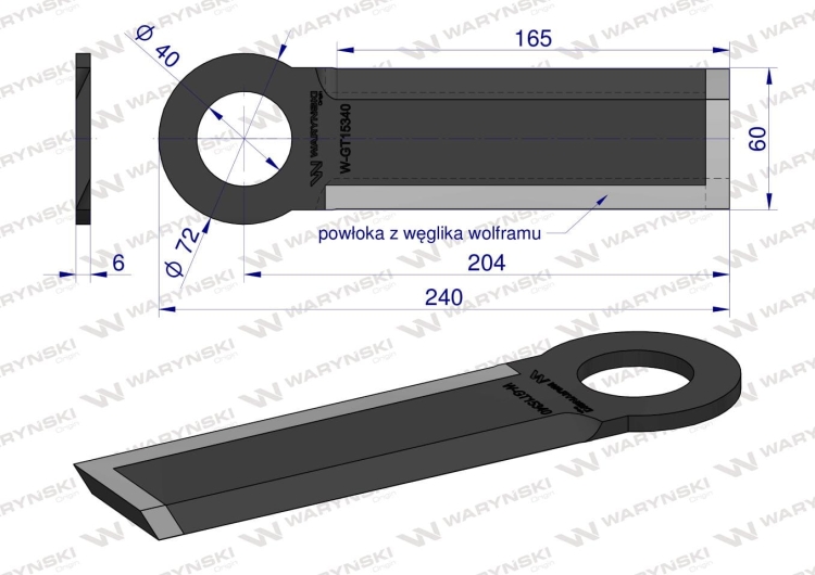 Nóż długi przystawki do kukurydzy napawany 240x60x6 otwór 40mm zastosowanie Olimac Drago GT 15341 WARYŃSKI 2