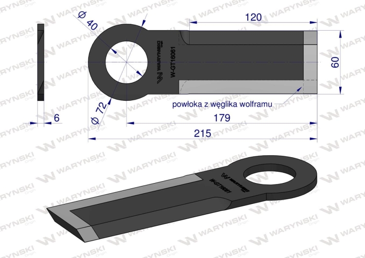 Nóż krótki przystawki do kukurydzy GT16061 napawany 215x60x6 otwór 40mm Olimac Drago WARYŃSKI 2