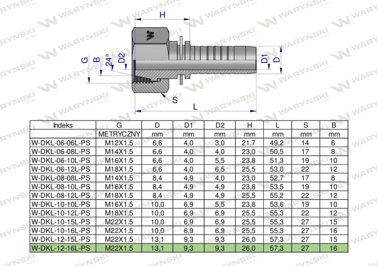 Zakucie hydrauliczne DKL DN08 12L M18x1.5 PREMIUM Waryński 6