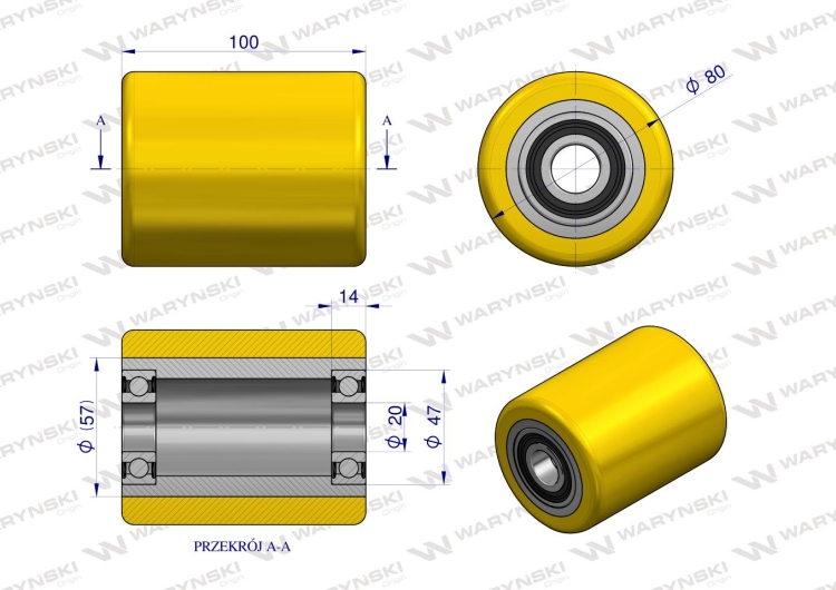 Rolka uniwersalna do wózka paletowego poliuretan - fi80x100x20 Waryński 2