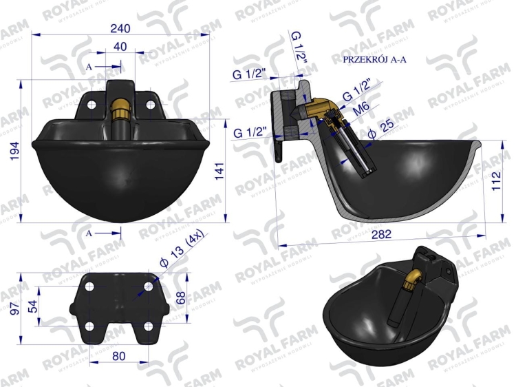 Poidło miskowe żeliwne z zaworem rurowym Czarne 2.5l ROYAL FARM 3