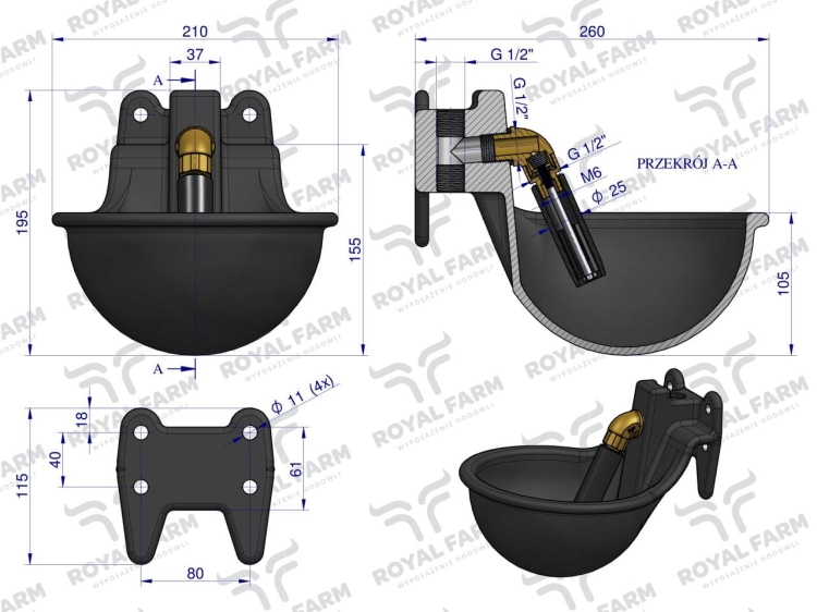 Poidło miskowe żeliwne z zaworem rurowym Czarne 1.8l ROYAL FARM 3