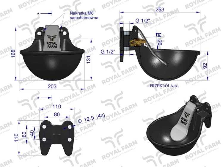 Poidło miskowe żeliwne z językiem ze stali nierdzewnej Czarne 1.5l ROYAL FARM 3