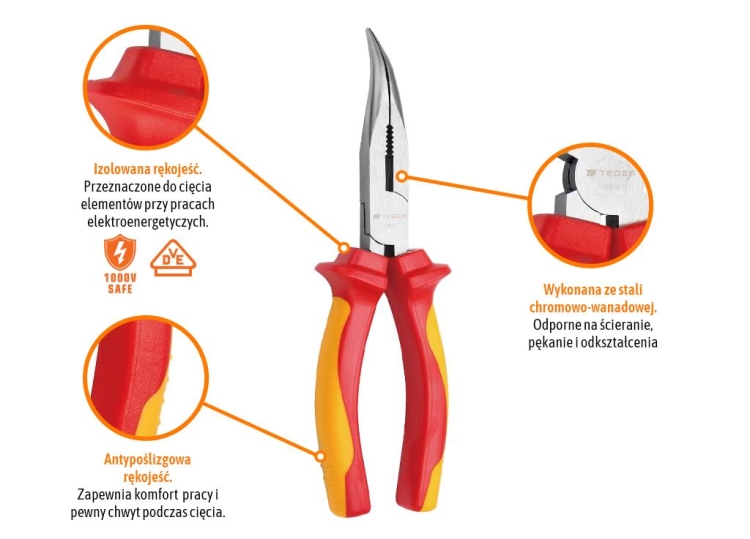 Szczypce wydłużone - odgięte izolowane VDE 160 mm TEGER 3