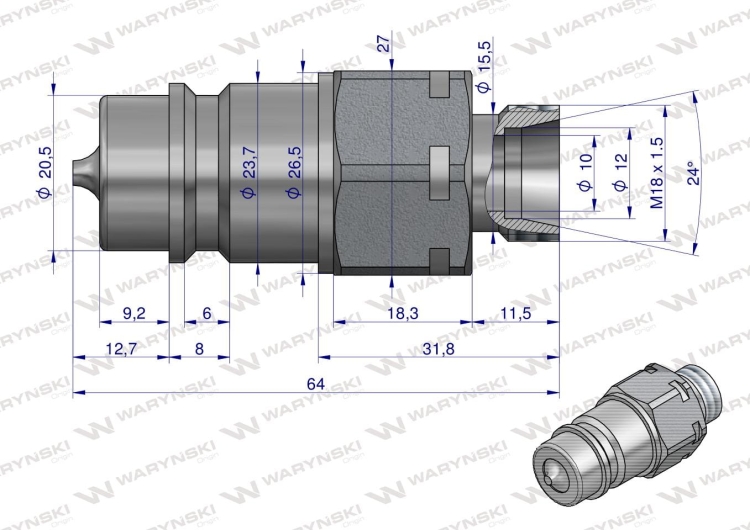 Szybkozłącze hydrauliczne wtyczka M18x1.5 gwint zewnętrzny EURO (9100818W) (ISO 7241-A) Waryński 2