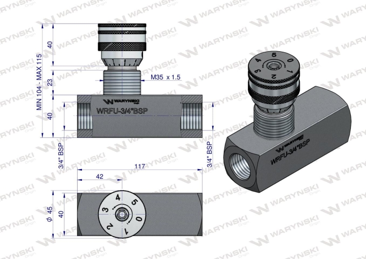 Zawór dławiąco-zwrotny WRFU 90 3/4"BSP Waryński 3