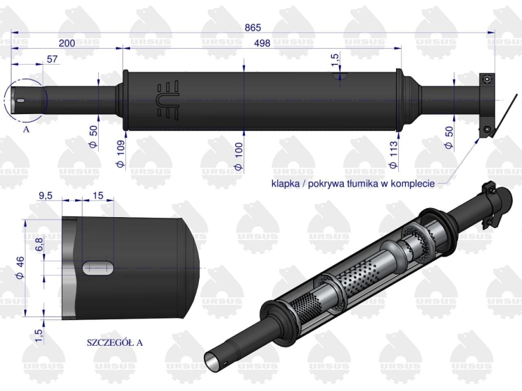 Tłumik okrągły krótki 865 mm 4.5kg C-330 (prosty) ORYGINAŁ URSUS 3