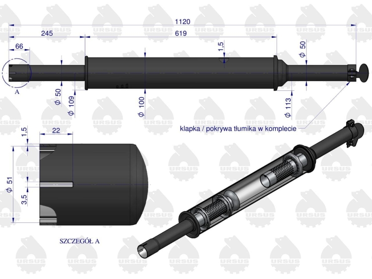 Tłumik 1120mm 3029104M1 5,2kg MF3 C-3603P (prosty) ORYGINAŁ URSUS 3