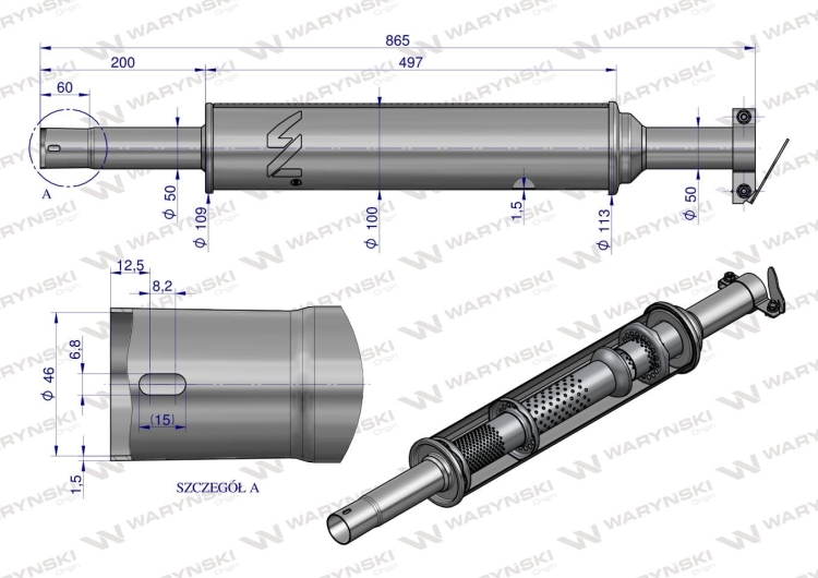Tłumik okrągły krótki 865mm 4.5kg C-330 (prosty) INOX WARYŃSKI 2