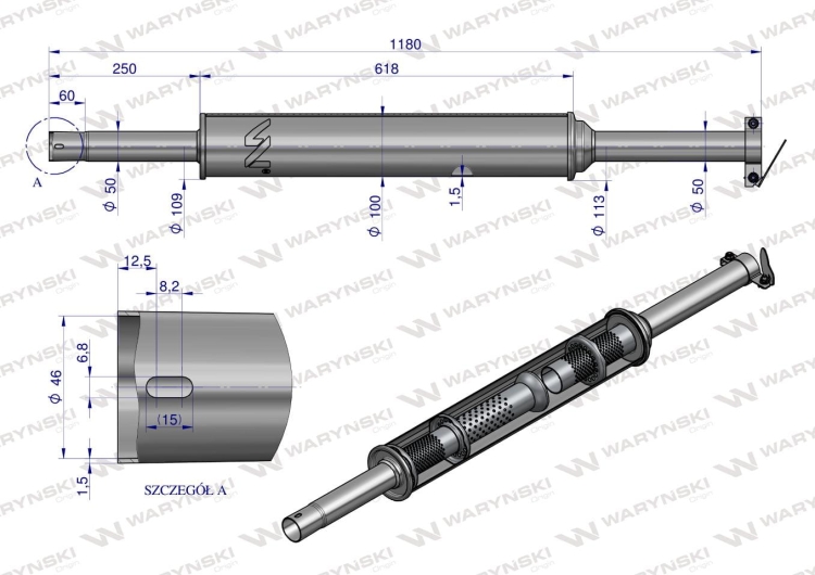 Tłumik okrągły długi 5.5kg 1180mm C-360 (prosty) INOX WARYŃSKI 3