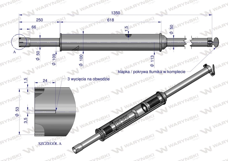Tłumik 1350mm 5.8kg MF3 (prosty) INOX WARYŃSKI  3