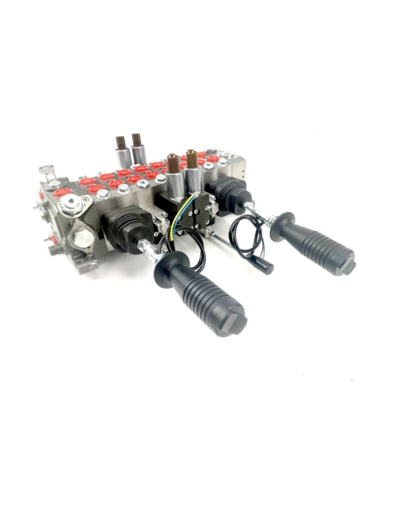 Rozdzielacz 8 sekcyjny. przyczepy leśne 70 l/min (2 sekcje krzyżowe z elektrycznymi joystickami oraz 2 dźwignie do podpór)