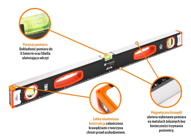 Poziomica aluminiowa/magnetyczna 80 cm Extreme TEGER 2