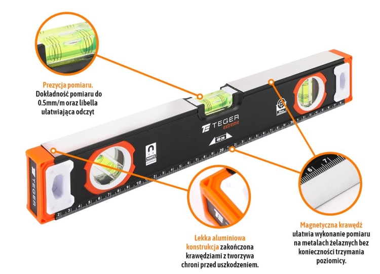 Poziomica aluminiowa/magnetyczna 40 cm Extreme TEGER 3