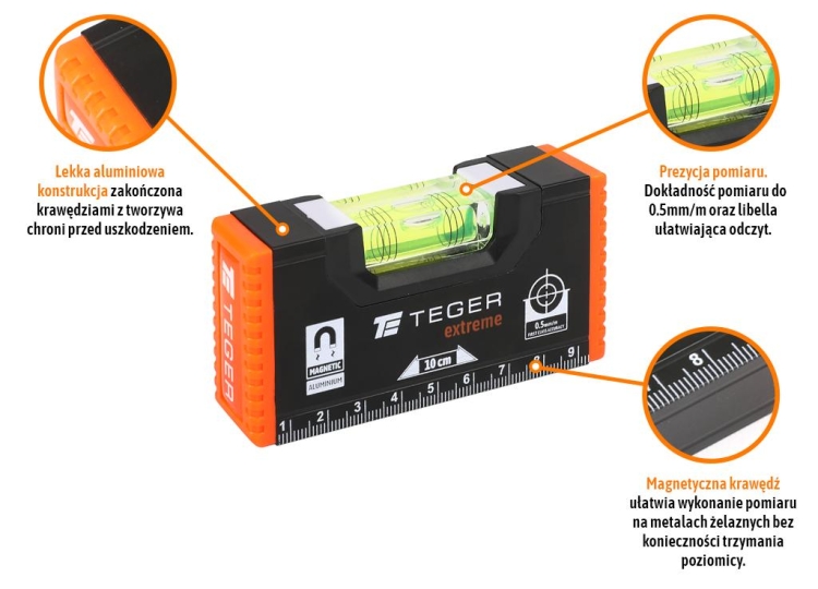 Poziomica aluminiowa/magnetyczna 10 cm Extreme TEGER 2