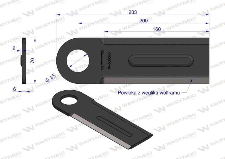 Nóż przystawki do kukurydzy napawany 230x70x6 otwór 35mm zastosowanie Geringhoff WARYŃSKI 2