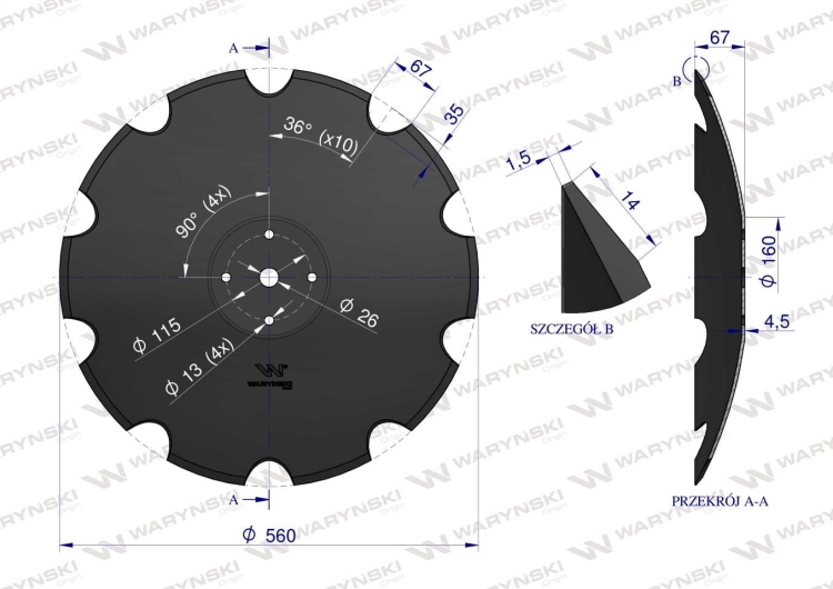 Talerz uzębiony Z-10 fi 560 mocowanie 4/115 grubość 4.5 mm zastosowanie Mandam Waryński 2