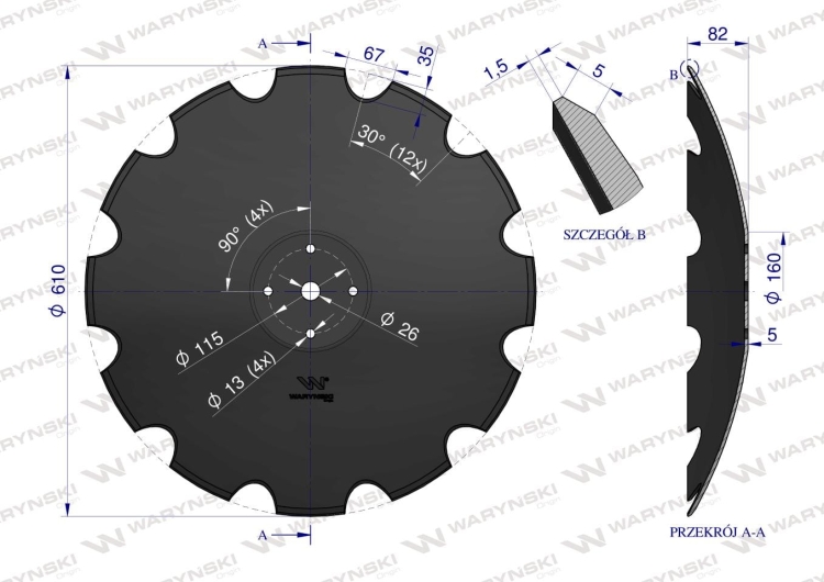 Talerz uzębiony Z-12 fi 610 mocowanie 4/115 grubość 5 mm zastosowanie Mandam Waryński 2