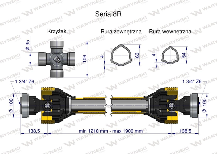 Wał przegubowo-teleskopowy 1210-1900mm 1240Nm Z6 - 1 3/4 z dwóch stron CE 2020 seria 8R Waryński 3