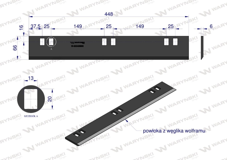 Nóż walca zrywacza napawany 448x66x6 otwory 6x20mm zastosowanie New Holland Laverda WARYŃSKI 2