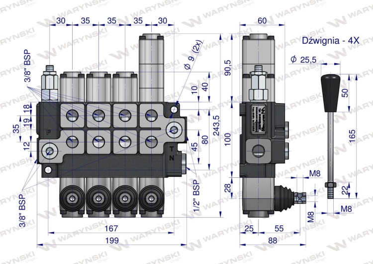 Rozdzielacz hydrauliczny 4-sekcyjny max przepływ 40L (1-sekcja pływająca) Waryński 2