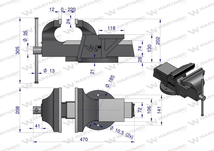 Imadło ślusarskie ciężkie z żeliwa sferoidalnego stałe 200 mm Waryński 3