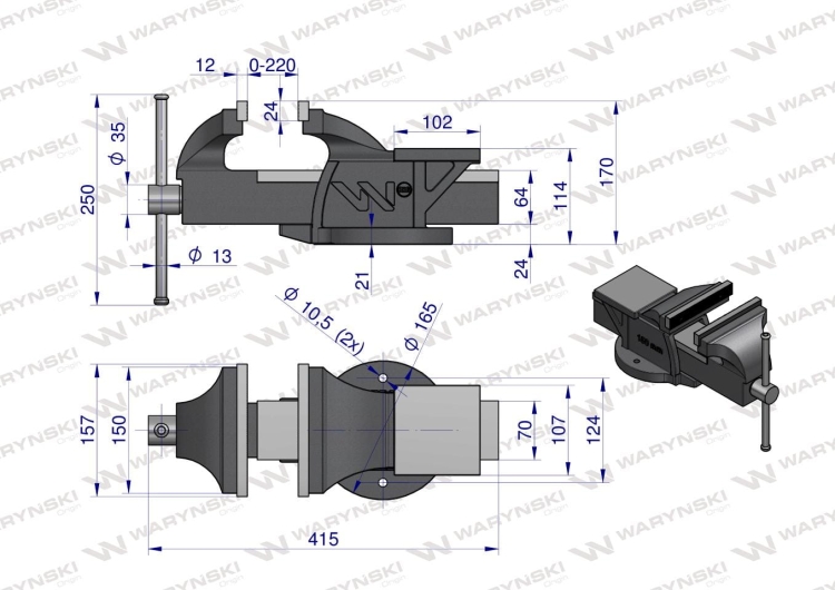 Imadło ślusarskie ciężkie z żeliwa sferoidalnego stałe 150 mm Waryński 3